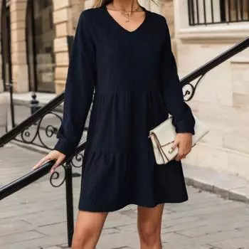 Весенне-осеннее женское модное свободное платье с v-образным вырезом и длинными рукавами XXL чёрный