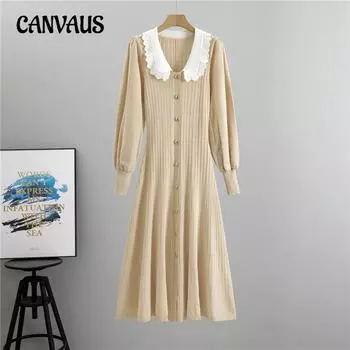 Весенне-осеннее женское нежное трикотажное платье с кукольным воротником, плюс размер, темперамент, высокая талия, облегающее платье средней длины One Size чёрный