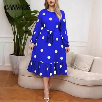 Весенне-осеннее женское облегающее платье больших размеров с длинным рукавом в горошек L синий