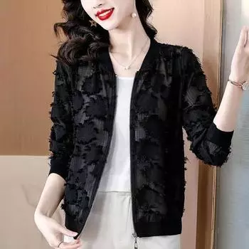 Весенне-осеннее женское пальто с длинным рукавом, короткое, тонкое издание, женский темперамент, шифоновый жаккардовый топ для женщин XXXL чёрный