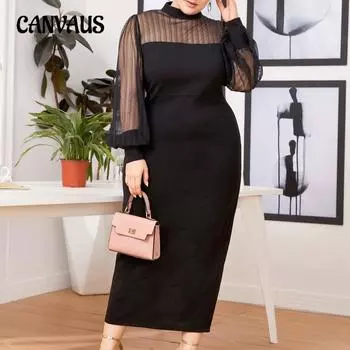 Весенне-осеннее женское платье больших размеров OL, пригородные сетчатые платья с полувысоким воротником и прозрачной упаковкой, длинные платья до бедра