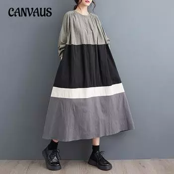 Весенне-осеннее женское платье больших размеров, повседневное платье средней длины с контрастными цветами, свободные пуловеры, платья трапециевидной формы One Size