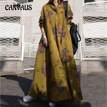 Весенне-осеннее женское платье больших размеров из хлопка и льна с принтом в винтажном этническом стиле, свободные свободные платья с длинными рукавами