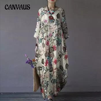 Весенне-осеннее женское платье больших размеров из хлопка и льна с принтом в стиле ретро, свободные платья с круглым вырезом