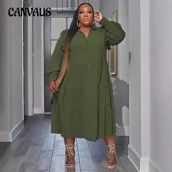 Весенне-осеннее женское платье больших размеров с длинными рукавами и многослойным подолом L армия зеленый