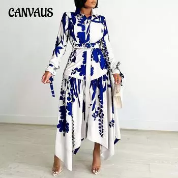 Весенне-осеннее женское платье больших размеров с принтом и нерегулярными лацканами