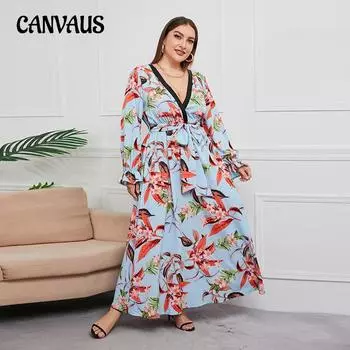 Весенне-осеннее женское платье больших размеров, темпераментное, большая распашная длинная юбка с v-образным вырезом и ботаническим цветочным принтом
