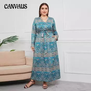 Весенне-осеннее женское платье больших размеров, свободные женские длинные платья с v-образным вырезом, винтажные платья с темпераментным принтом 1XL