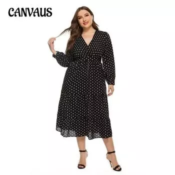 Весенне-осеннее женское платье больших размеров, платья с длинными рукавами в горошек, длинные платья 1XL чёрный