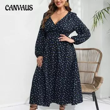 Весенне-осеннее женское платье больших размеров, модные повседневные платья с v-образным вырезом и длинным рукавом с цветочным принтом