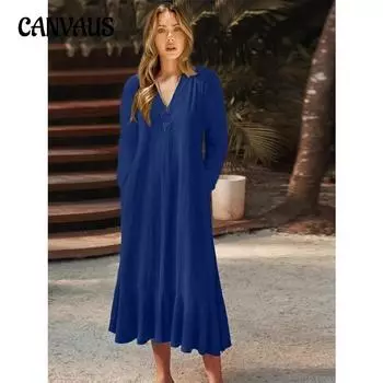 Весенне-осеннее женское платье больших размеров, однотонное длинное платье трапециевидной формы с длинными рукавами и v-образным вырезом S бордовый