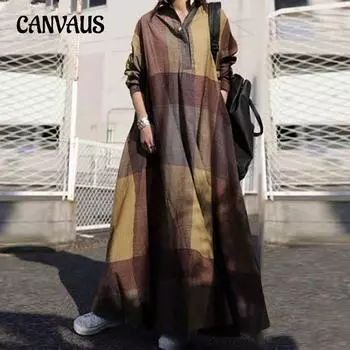 Весенне-осеннее женское платье больших размеров, модное хлопково-льняное платье, винтажное свободное платье с длинным рукавом и большим распашным принтом S жёлтый