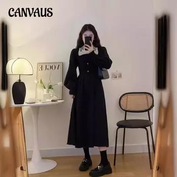 Весенне-осеннее женское платье больших размеров, вельветовое платье трапециевидной формы с французскими лацканами и вышивкой M чёрный