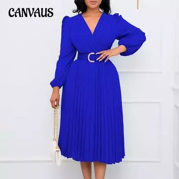 Весенне-осеннее женское платье больших размеров, модные плиссированные платья средней длины с длинным рукавом и v-образным вырезом S