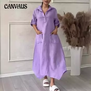 Весенне-осеннее женское платье больших размеров, однотонное, повседневное, длинные платья с карманами и лацканами S фиолетовый