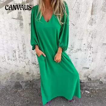 Весенне-осеннее женское платье больших размеров, повседневное, свободное, с V-образным вырезом, однотонное, с рукавами-фонариками