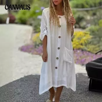 Весенне-осеннее женское платье больших размеров, повседневные длинные платья со свободными карманами и пуговицами S синий