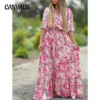 Весенне-осеннее женское платье больших размеров с V-образным вырезом и принтом, повседневные длинные модные платья