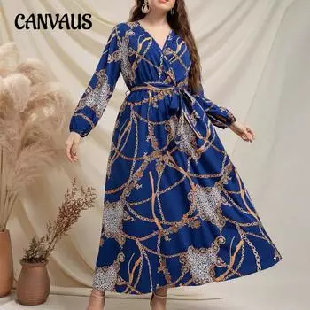 Весенне-осеннее женское платье больших размеров с принтом, темпераментное, с V-образным вырезом, с золотой цепочкой и завязкой на талии, длинное платье 0XL синий