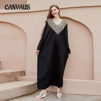 Весенне-осеннее женское платье больших размеров, однотонное свободное платье с V-образным вырезом, французское платье средней длины 1XL чёрный