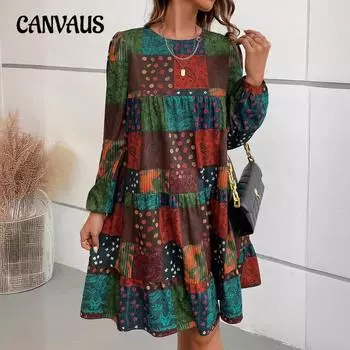 Весенне-осеннее женское платье больших размеров с круглым вырезом, модное повседневное платье А-силуэта с принтом и длинными рукавами S