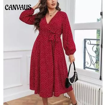 Весенне-осеннее женское платье, большое свободное литературное темпераментное красное платье большого размера, платье с длинными рукавами в горошек