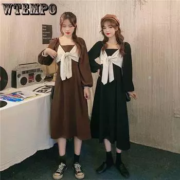 Весенне-осеннее женское платье, большое тонкое, длинное платье свободного дизайна, французское платье Kikyo с квадратным вырезом M чёрный