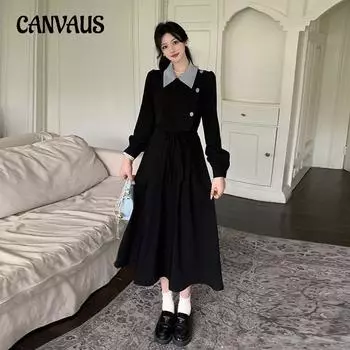 Весенне-осеннее женское платье большого размера, модное платье с лацканами L чёрный