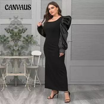 Весенне-осеннее женское платье большого размера, модное свободное элегантное платье с квадратным воротником и рукавами-пузырьками XL чёрный