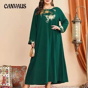 Весенне-осеннее женское платье большого размера с круглым вырезом, элегантное, темпераментное, модное, с длинным рукавом, платья большого размера для Ближнего Востока 0XL темно-зеленого
