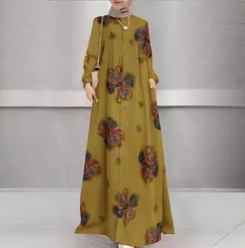 Весенне-осеннее женское платье, хлопково-льняное платье-рубашка с принтом, длинный халат, длинное платье с круглым вырезом, винтажные платья с длинным рукавом, большие размеры S жёлтый