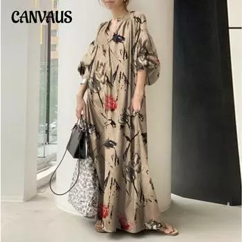 Весенне-осеннее женское платье из хлопка и льна с v-образным вырезом и принтом, простое свободное повседневное длинное платье больших размеров