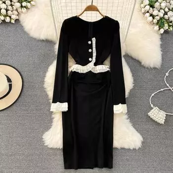 Весенне-осеннее женское платье-карандаш с оборками в стиле пэчворк, облегающее платье-карандаш, осенние винтажные черные длинные вечерние платья миди M чёрный