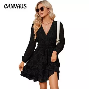 Весенне-осеннее женское платье, кружевное платье с v-образным вырезом, свадебное платье для гостя с длинным рукавом и завязкой на талии, плиссированное платье с поясом S чёрный