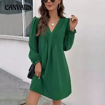 Весенне-осеннее женское платье, лоскутная юбка, платья с длинными рукавами и v-образным вырезом на шнуровке S зелёный