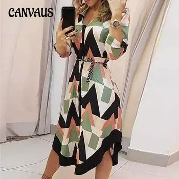 Весенне-осеннее женское платье Миди в клетку с принтом и завязками с лацканами S разноцветный