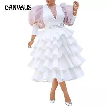 Весенне-осеннее женское платье, милое, с высокой талией, большого размера, белое, однотонное, с круглым вырезом, рукавами-фонариками S белый