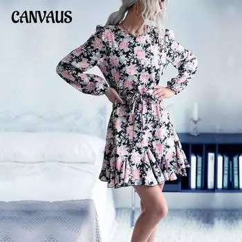 Весенне-осеннее женское платье, модное платье с круглым вырезом и шнуровкой, темпераментное, элегантное, с длинными рукавами, короткое платье S чёрный