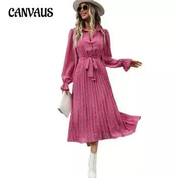 Весенне-осеннее женское платье, модное плиссированное свободное платье с длинными рукавами и завязками S зелёный