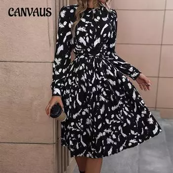 Весенне-осеннее женское платье, модное темпераментное элегантное платье с длинным рукавом с принтом S чёрный