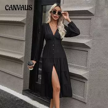 Весенне-осеннее женское платье, модное темпераментное элегантное черное платье с длинным рукавом S чёрный