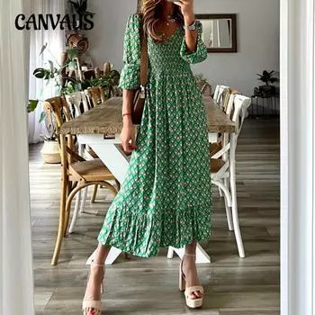 Весенне-осеннее женское платье Модное женское длинное платье с v-образным вырезом и распашным платьем с цветочным принтом на талии S зелёный