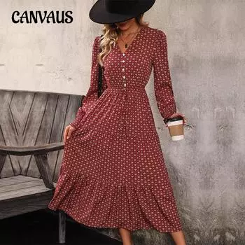 Весенне-осеннее женское платье, модные элегантные платья с длинным рукавом и принтом S бордовый