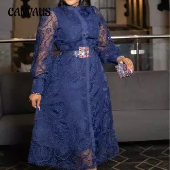 Весенне-осеннее женское платье, модные кружевные длинные платья с круглым вырезом и средней талией, длинные платья больших размеров
