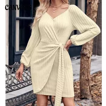 Весенне-осеннее женское платье, модные однотонные тонкие женские платья с v-образным вырезом и завязкой на талии S чёрный