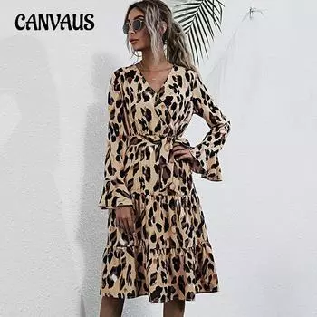 Весенне-осеннее женское платье, модные платья с леопардовым принтом и длинными рукавами, модные темпераментные платья S хаки