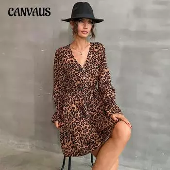 Весенне-осеннее женское платье, модные платья с длинным рукавом и v-образным вырезом с леопардовым принтом S хаки