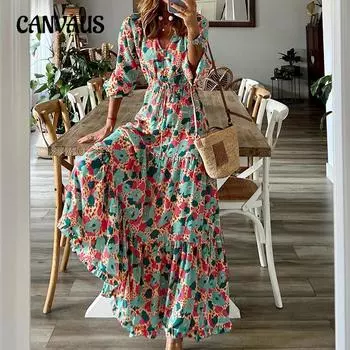 Весенне-осеннее женское платье, модные свободные платья средней длины с v-образным вырезом и длинным рукавом с принтом S циан