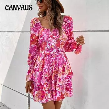 Весенне-осеннее женское платье, модные тонкие платья с квадратным вырезом и принтом в виде листьев лотоса и рукавами S розовый