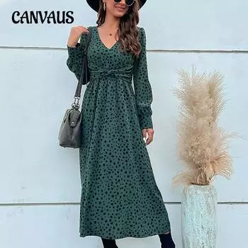 Весенне-осеннее женское платье, модные зеленые леопардовые длинные платья с длинными рукавами S мох зеленого